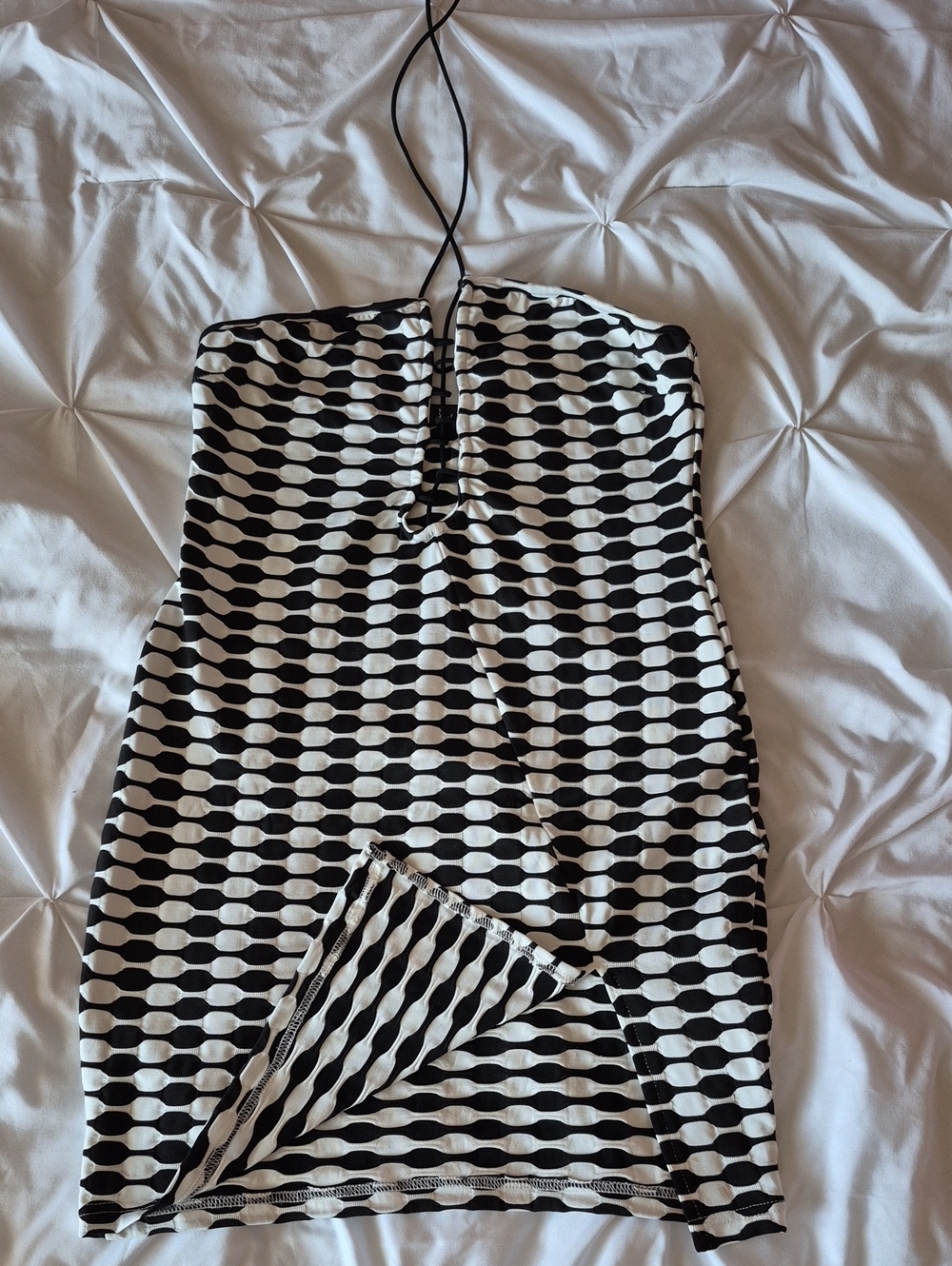 Black and White Strapless Geometric Bodycon Dress